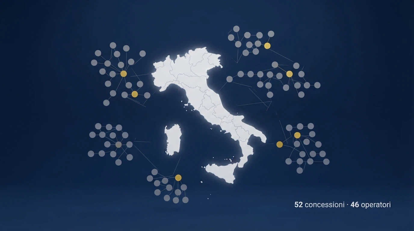 Mappa concettuale delle 52 concessioni ADM assegnate a settembre 2025, con i nuovi ingressi evidenziati