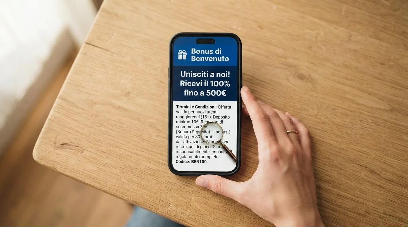 Una schermata promozionale con la scritta di un bonus di benvenuto, sovrapposta a una lente d'ingrandimento sui termini e condizioni