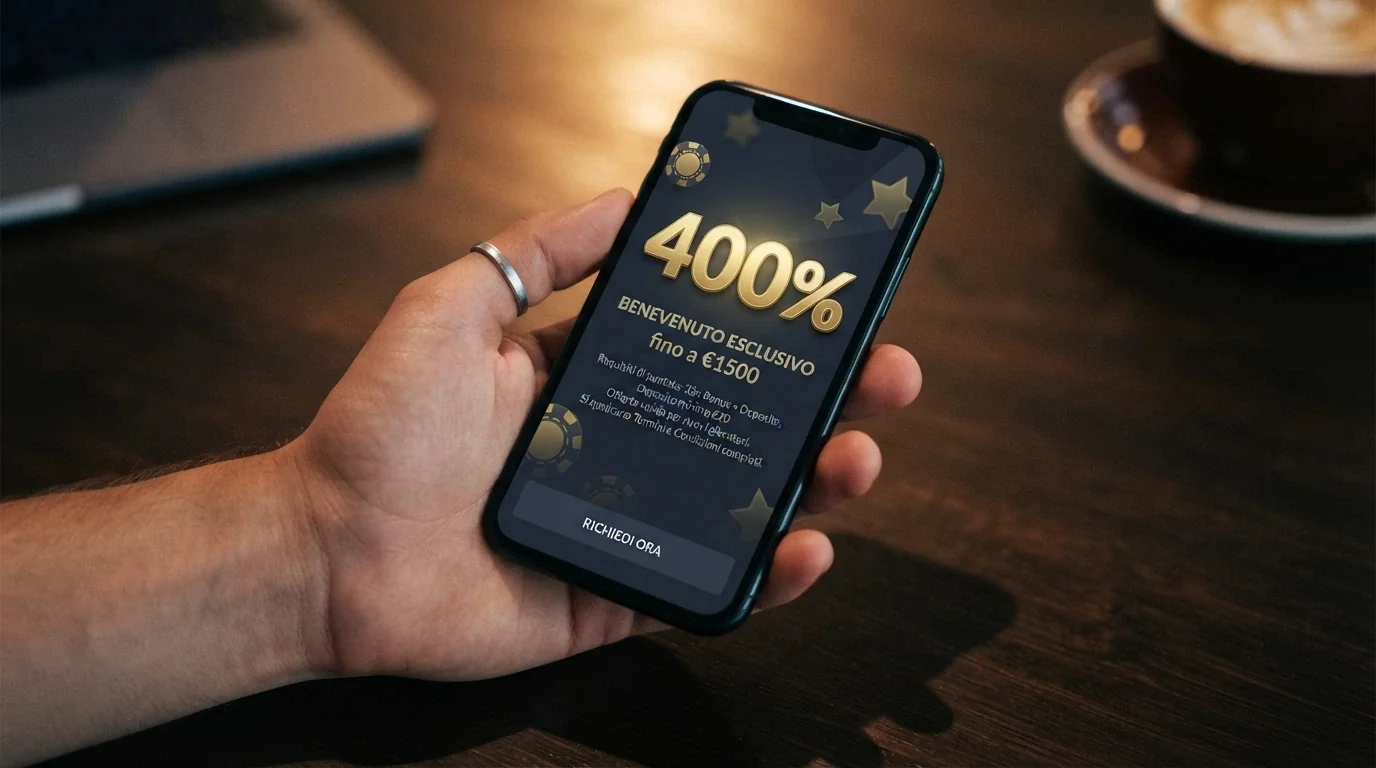 Un primo piano di una schermata di benvenuto di un casinò crypto con la percentuale del bonus in evidenza e, in secondo piano sfocato, le condizioni di wagering in caratteri piccoli