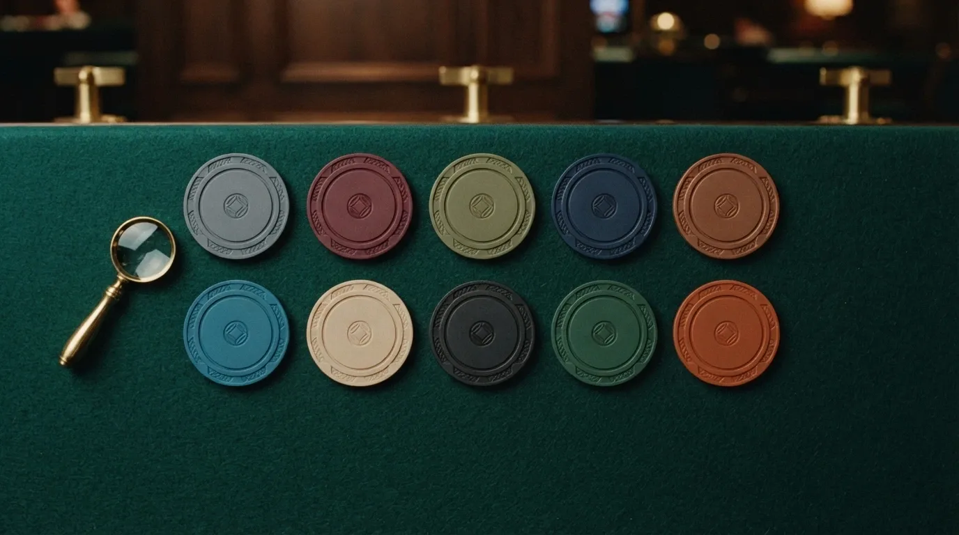 Una griglia di 10 pedine da gioco allineate su un tavolo da casinò, Ogni pedina porta il logo stilizato di un diverso operatore (senza marchi riconoscibili), con una lente di ingrandimento posata sulla prima