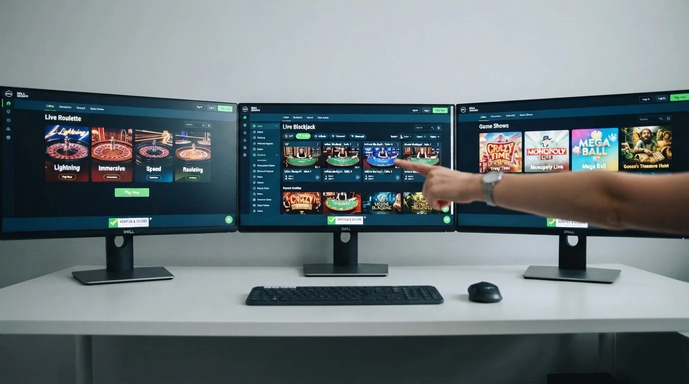 Una schermata di confronto tra le interfacce di tre diversi casinò live ADM su desktop, con la concessione in evidenza nel footer