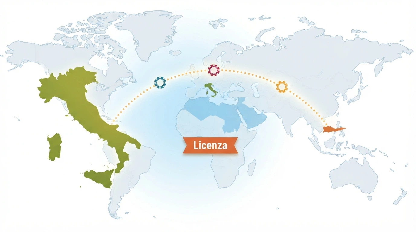 Una mappa stilizzata che collega l'Italia a Curaçao con icone di casinò e la dicitura «Licenza Curaçao»