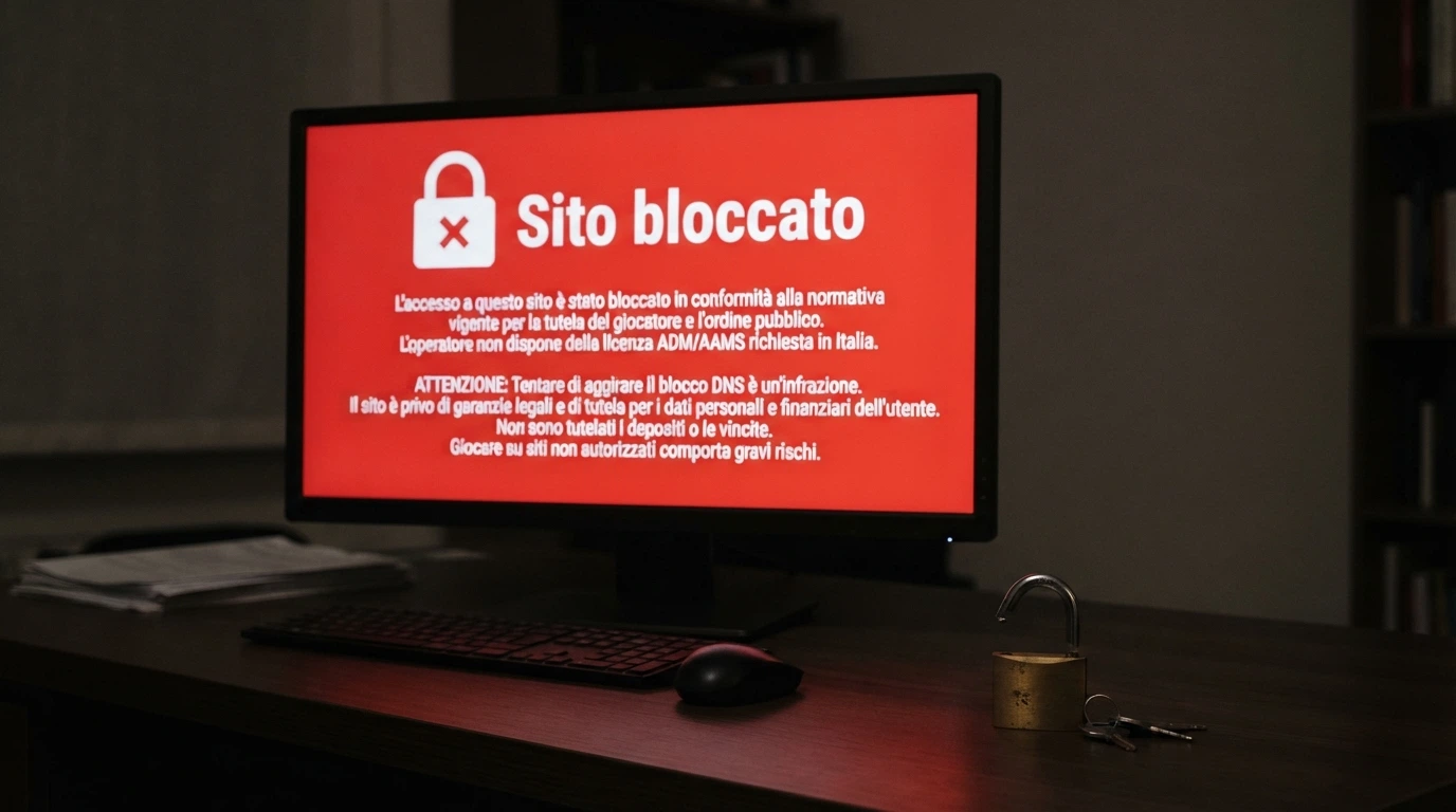 Uno schermo di computer con un messaggio di «Sito bloccato — Decreto ADM» su sfondo rosso, accanto a un lucchetto rotto