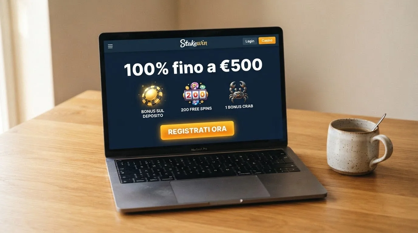 Una landing page promozionale di un casinò Bonus Crab con il banner «100% fino a €500 + 200 Giri Gratis + 1 Bonus Crab» in primo piano e il pulsante di registrazione.