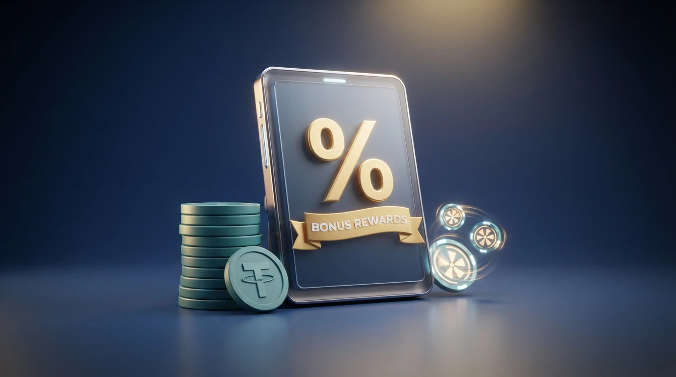 Una cassa digitale con monete USDT impilate, icone di giri gratis e un nastro con la percentuale del bonus di benvenuto