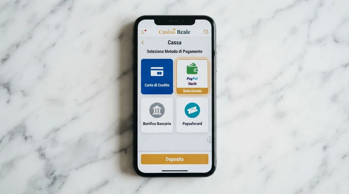 schermata cassa di un'app casinò ADM con le icone di PayPal, Visa, Mastercard e bonifico