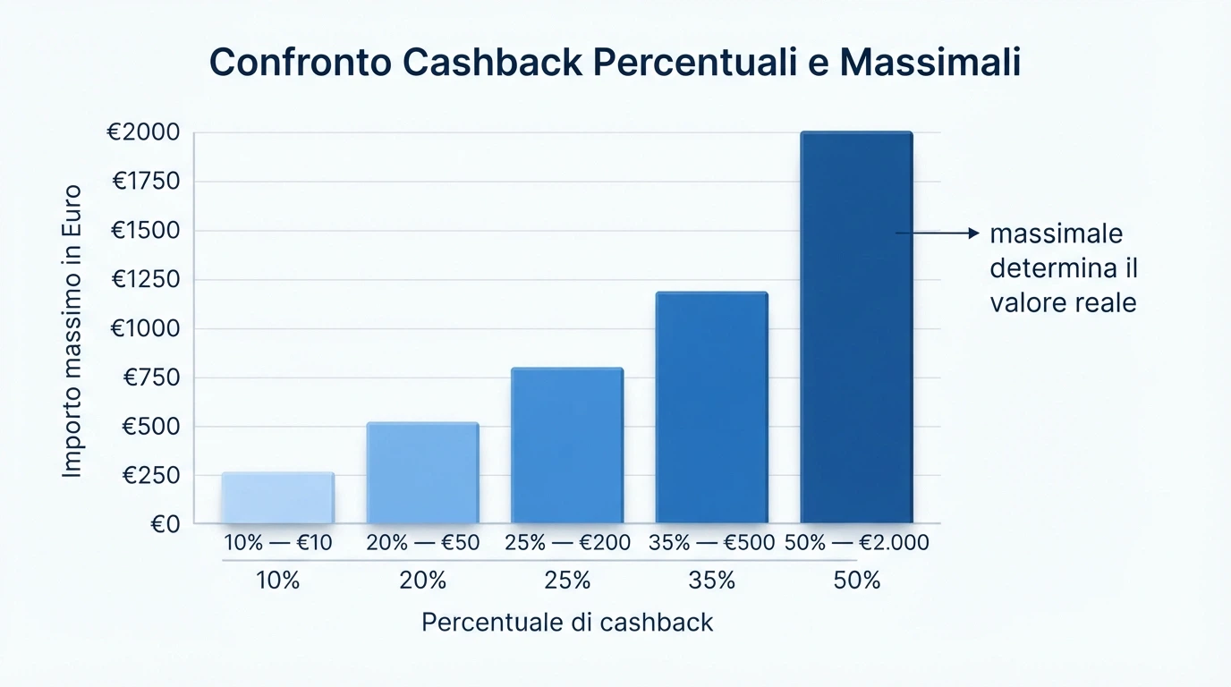 grafico comparativo con diverse percentuali di cashback dal 10% al 50% e i relativi massimali