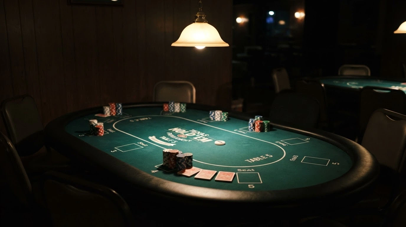 Un tavolo da poker con fiches impilate, carte distribuite e il dealer in posizione durante un torneo dal vivo