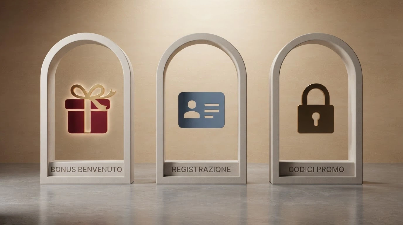 Tre portali stilizzati affiancati: il primo con l'icona di un pacco regalo (benvenuto), il secondo con un documento d'identità (registrazione), il terzo con un lucchetto (codici)