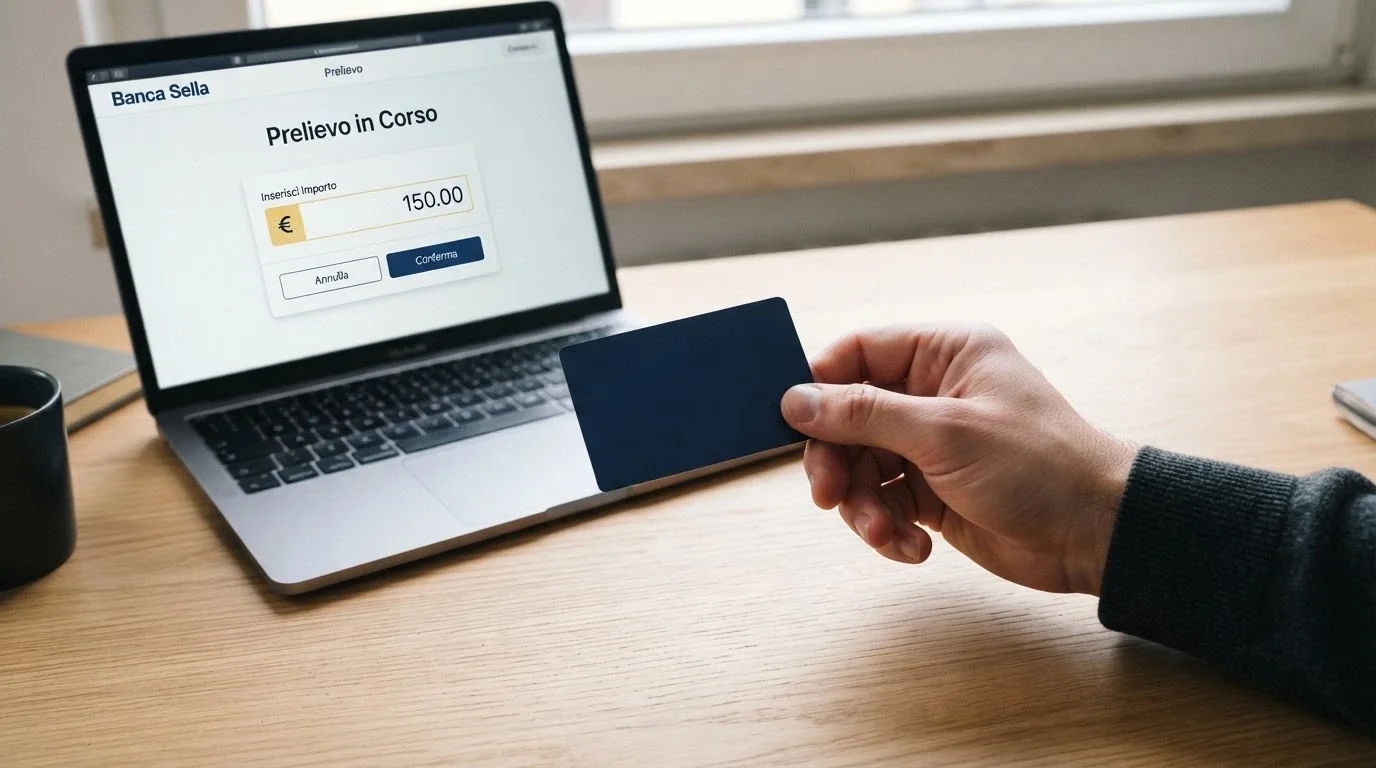 Una mano che tiene una carta di debito davanti allo schermo di un computer con la pagina di prelievo di un casinò online e l'importo in evidenza