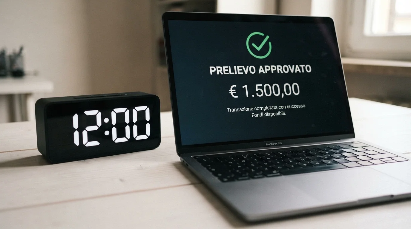 Un orologio digitale che segna 12 ore accanto alla schermata di un prelievo approvato su un casinò online, con la notifica di accredito in evidenza