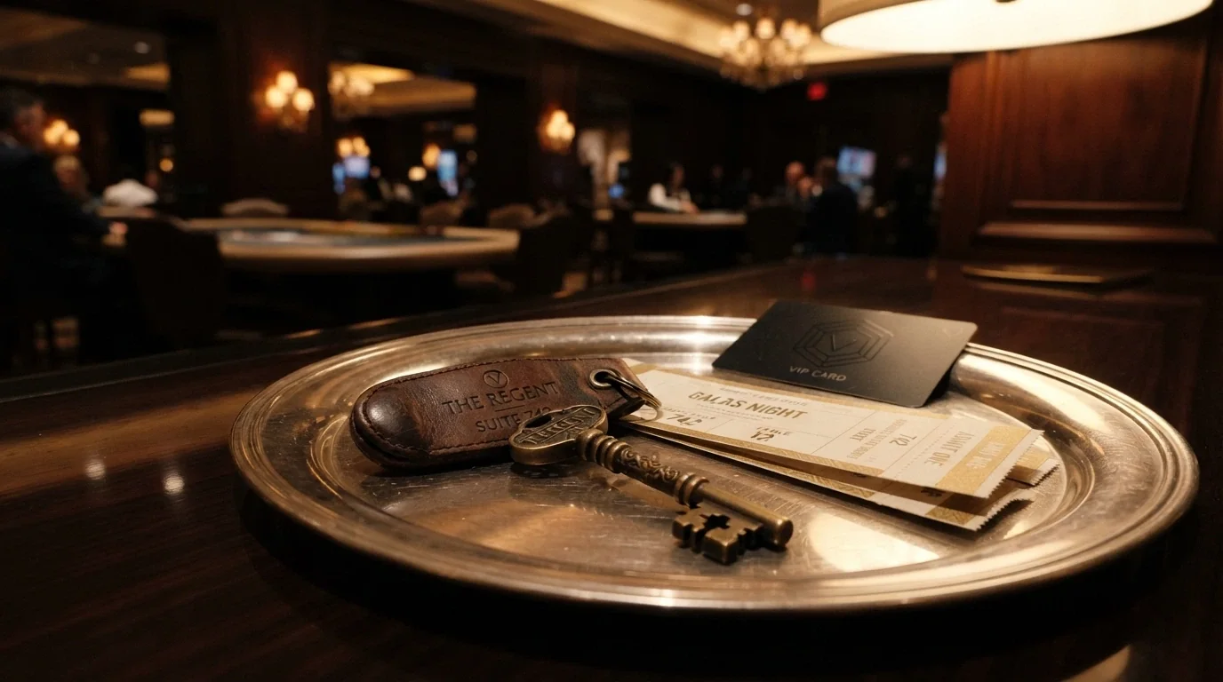 Un vassoio d'argento con chiave di una suite, biglietti per un evento e una carta VIP nera lucida, posato su una scrivania da casinò