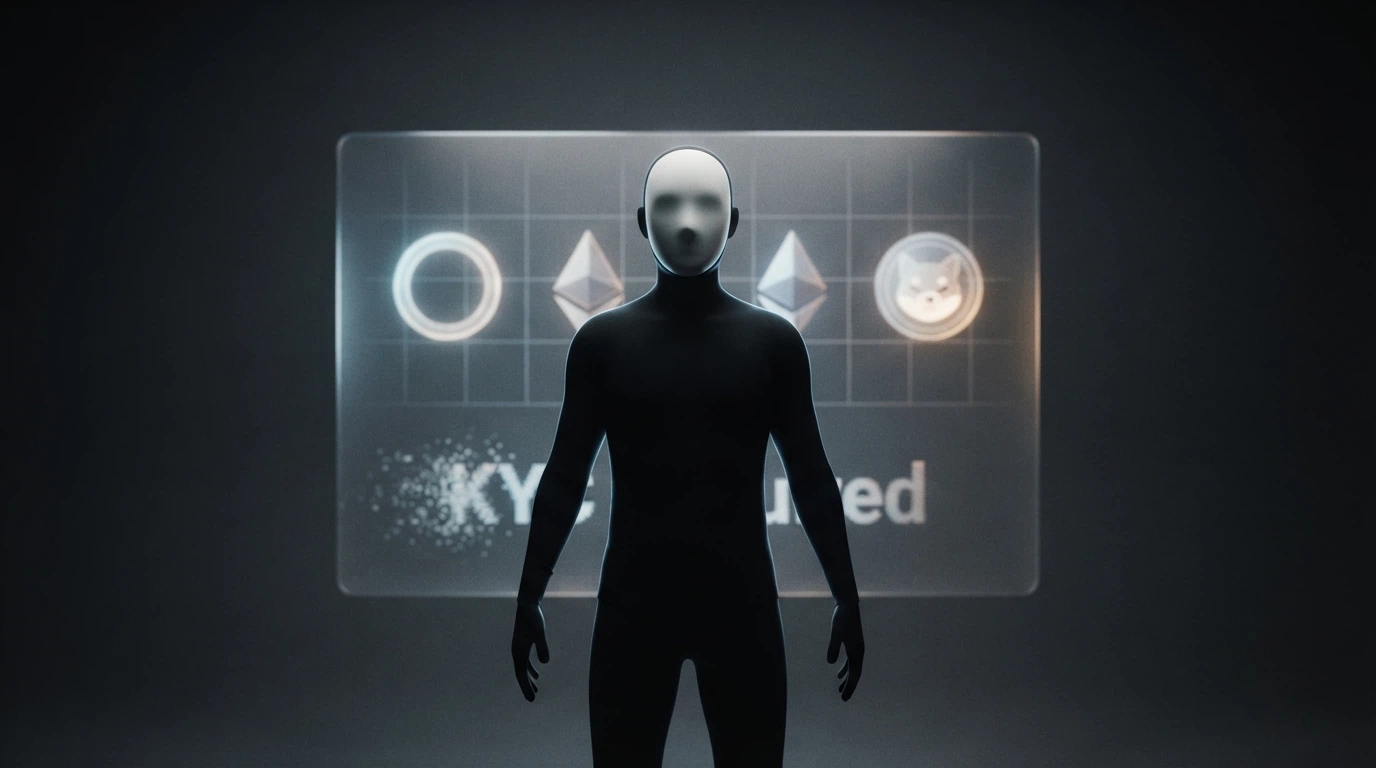 Figura stilizzata con una maschera davanti a uno schermo che mostra simboli di criptovalute e la scritta «KYC Required» in dissolvenza