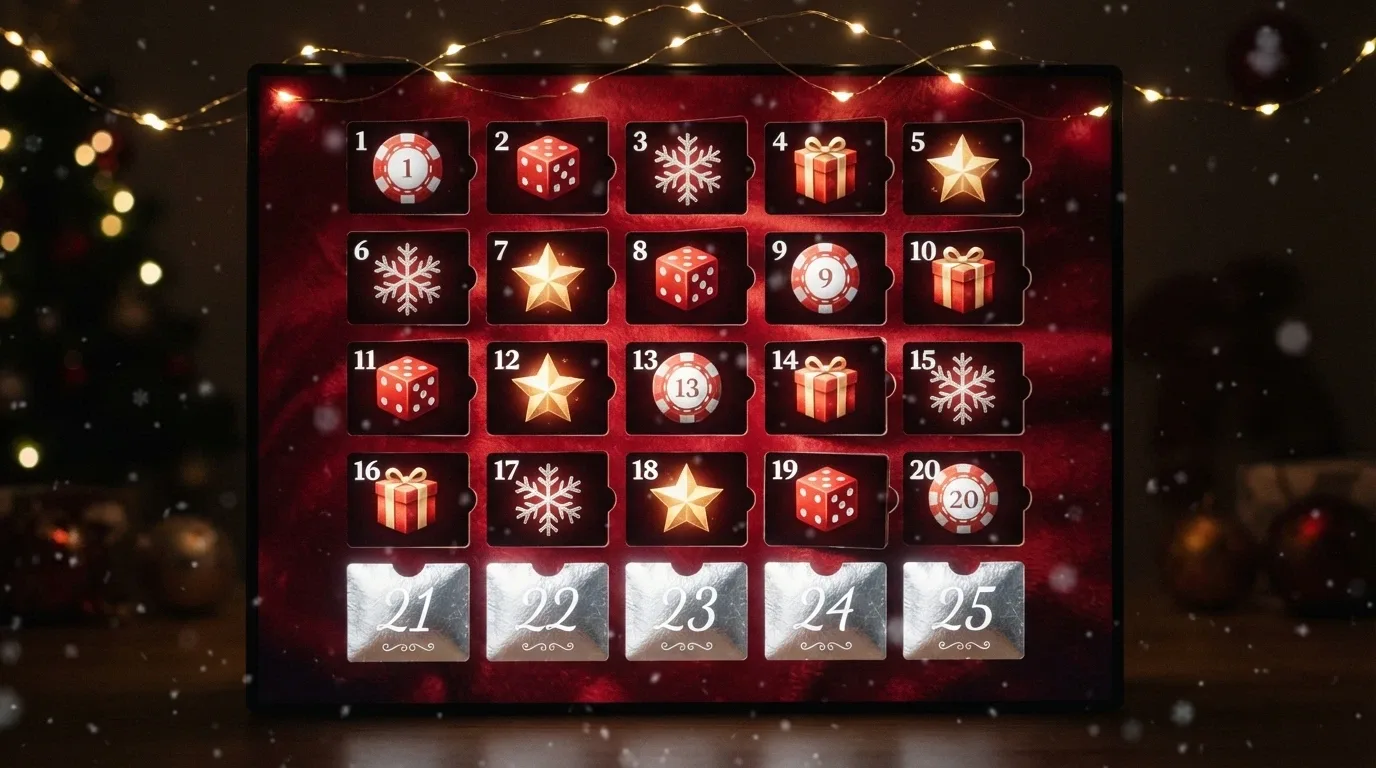 Un calendario dell'avvento digitale con icone di regali a tema casinò, fiocchi di neve e luci natalizie su sfondo rosso