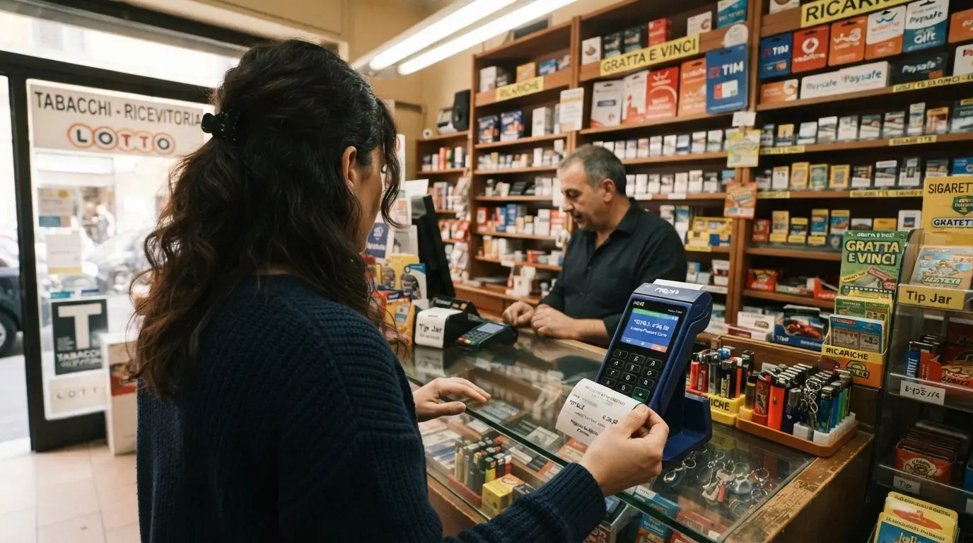 Interno di un punto vendita con terminale SisalPay o Snaipay e un cliente che effettua una ricarica