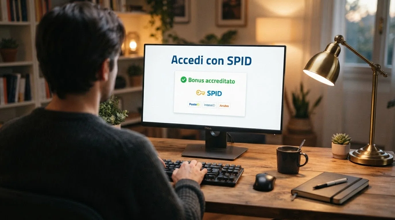 Lo schermo di un computer che mostra il logo SPID e la pagina di login di un casinò online con un messaggio «Bonus accreditato»