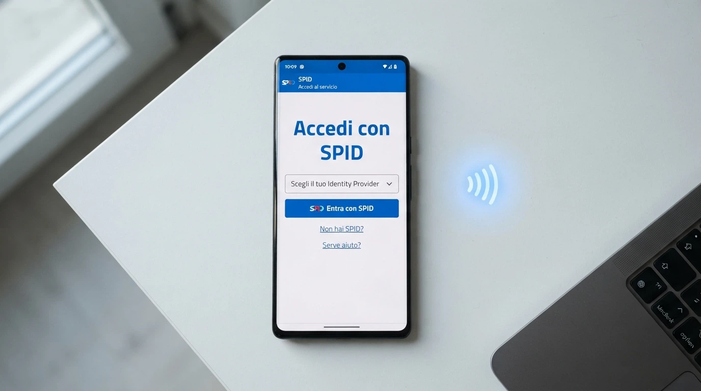 Uno smartphone che mostra la schermata di login SPID accanto a una Carta d'Identità Elettronica e al logo ADM