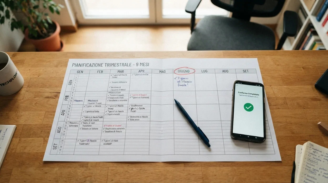 Un calendario con i mesi evidenziati (nove mesi) e un contatore di sette giorni, accanto alla schermata di richiesta revoca sul portale ADM