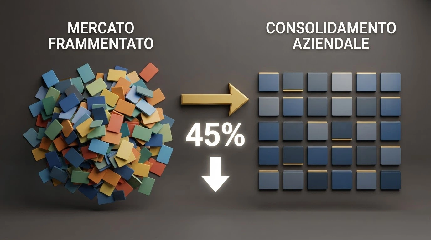 Un'illustrazione che contrappone il mercato frammentato pre-riforma (decine di loghi) al mercato consolidato post-riforma (pochi loghi ordinati)