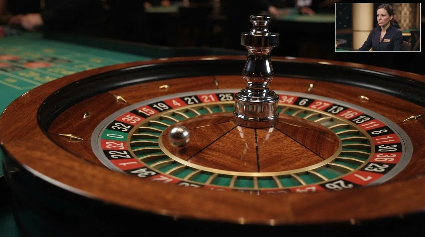 Una roulette live multicamera con la pallina in corsa, primo piano del cilindro e riquadro video del croupier in sovrimpressione