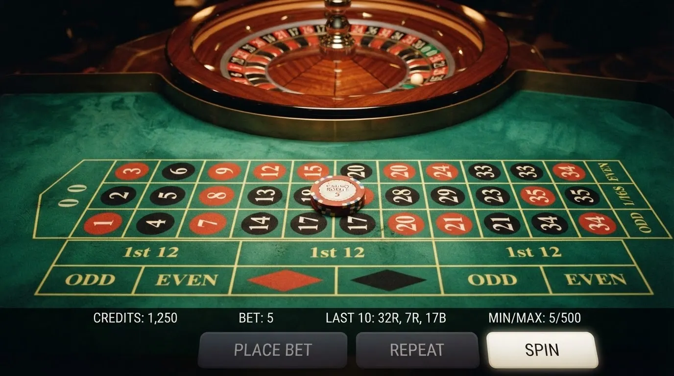 Primo piano di un tavolo da roulette digitale con chip da 0,10 € posizionato su un numero, interfaccia di un casino ADM