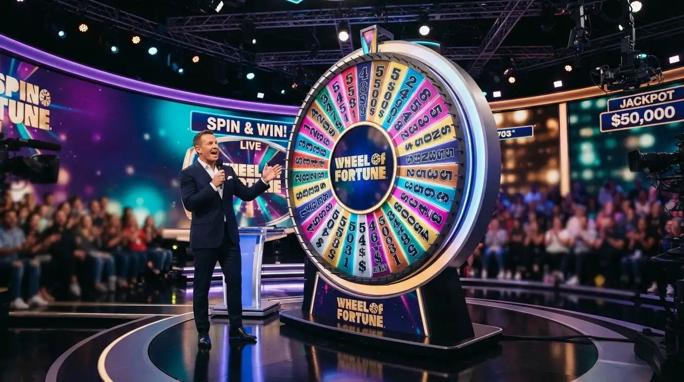 Il set di Crazy Time con la grande ruota colorata a 54 segmenti, il conduttore in piedi accanto e lo studio illuminato