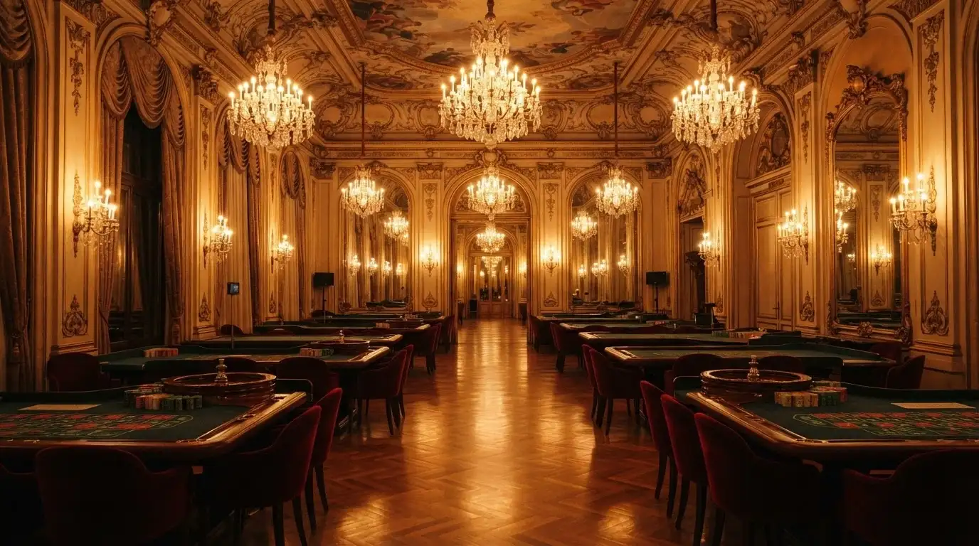 La sala da gioco tradizionale con i lampadari di cristallo, i tavoli verdi e le poltrone in velluto