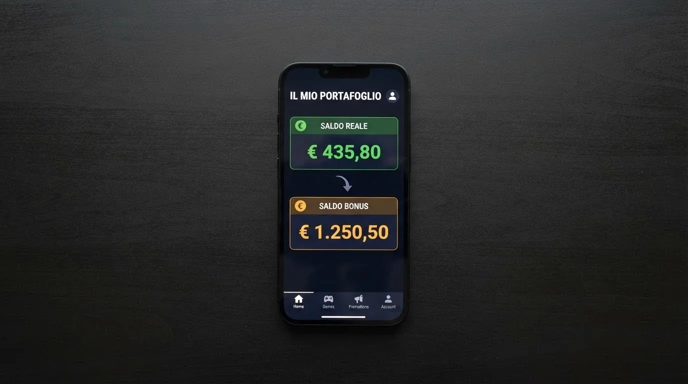 L'interfaccia del saldo di un casinò online con due voci separate: «Saldo Reale» e «Saldo Bonus», con una freccia che mostra il passaggio da Saldo Bonus a Saldo Reale dopo il wagering