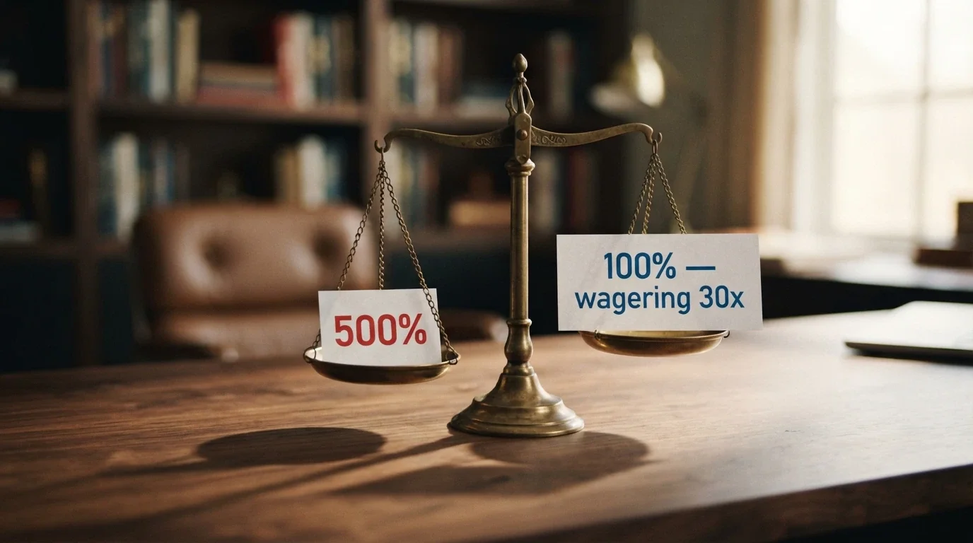 una bilancia a due piatti: sul piatto sinistro la percentuale «500%» (più piccola ma pesante per via del wagering alto), sul piatto destro «100%» con scritto «wagering 30x» (più grande e più leggera)