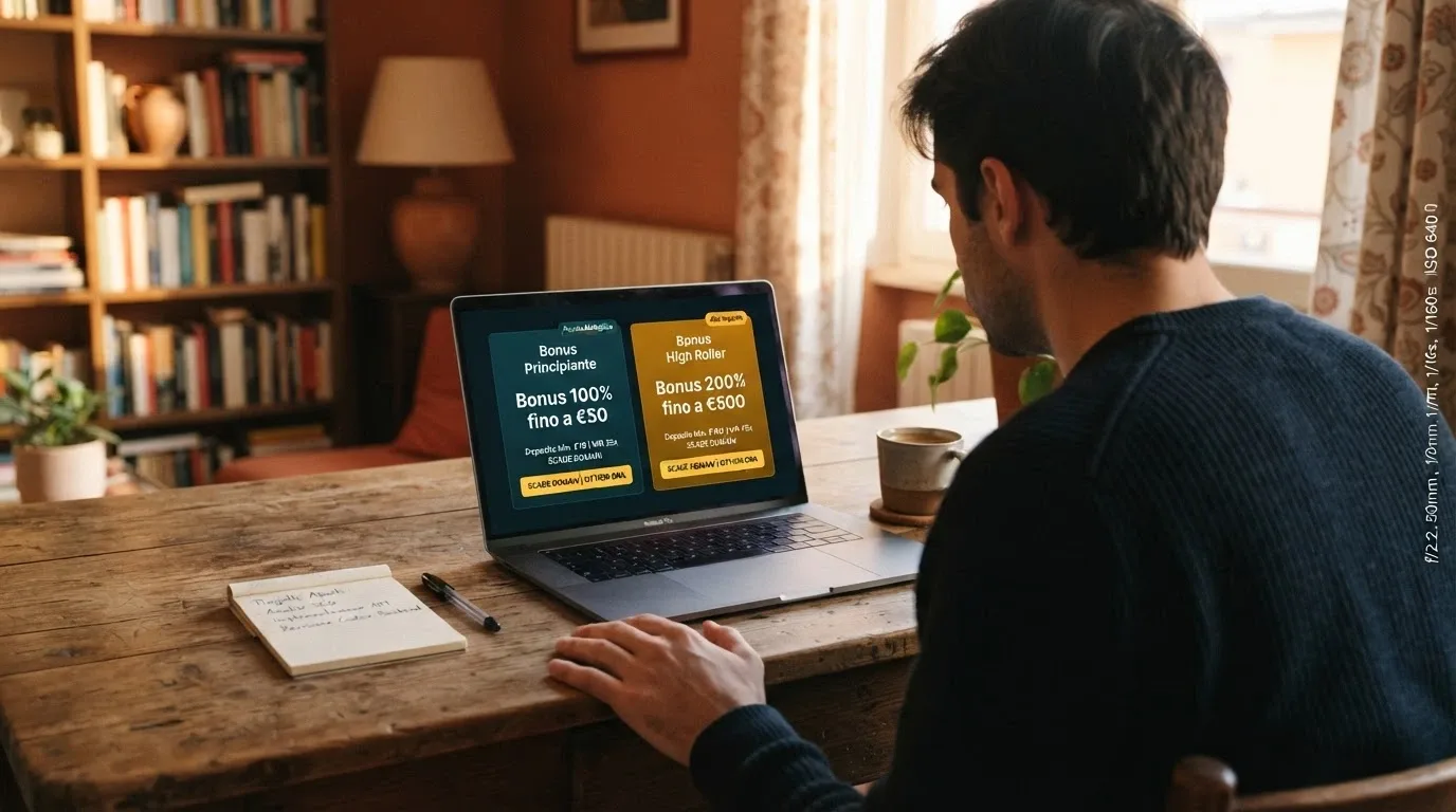 Un giocatore davanti allo schermo che confronta due offerte di bonus senza deposito su un portale di casinò online