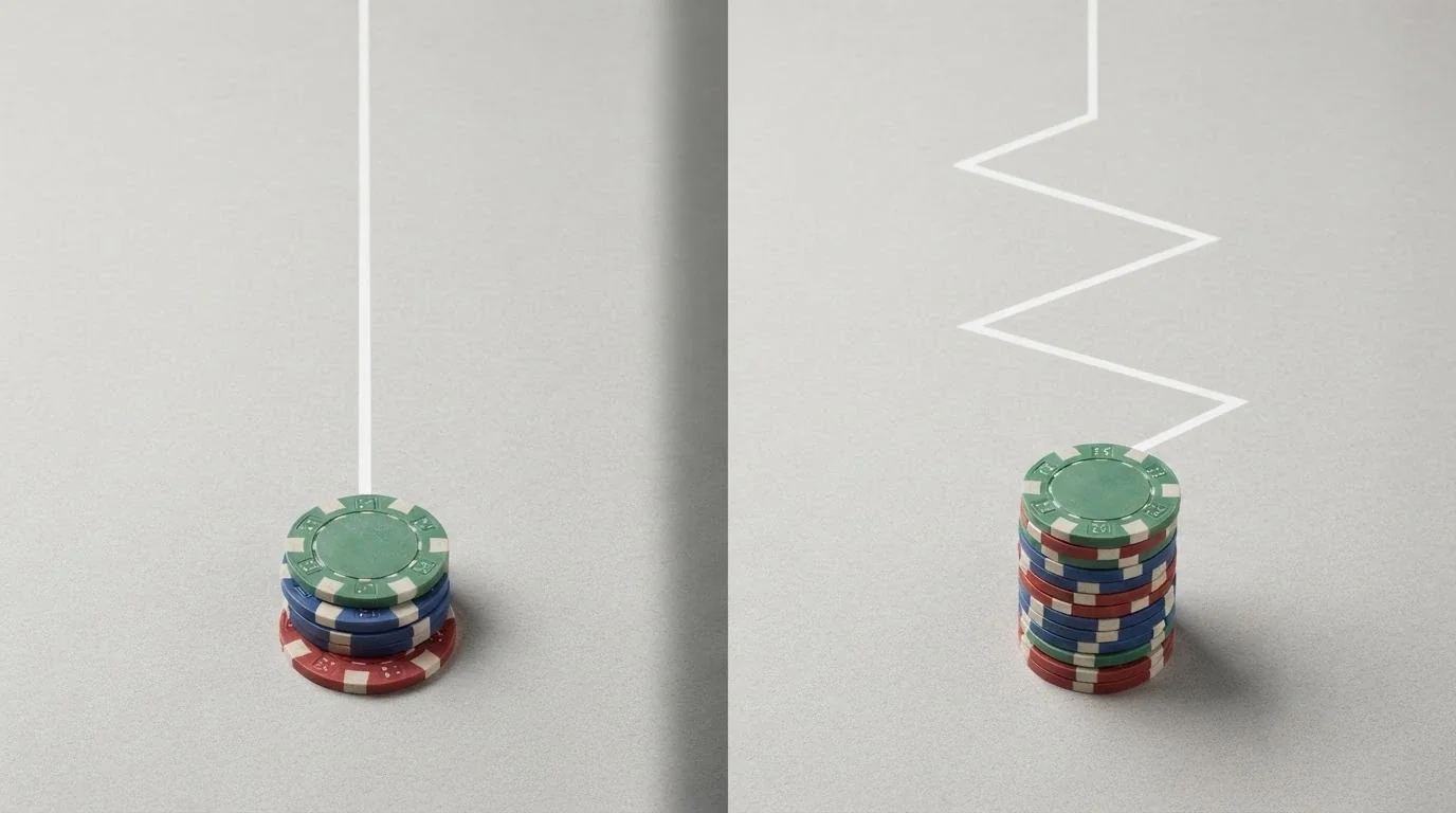 Due percorsi che si biforcano: uno con poche fiches e una freccia dritta, l'altro con molte fiches e un percorso a zigzag — schermo diviso su sfondo grigio