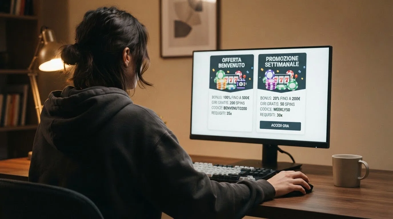 Un giocatore seduto davanti al computer con espressione riflessiva mentre confronta due offerte bonus su schermo