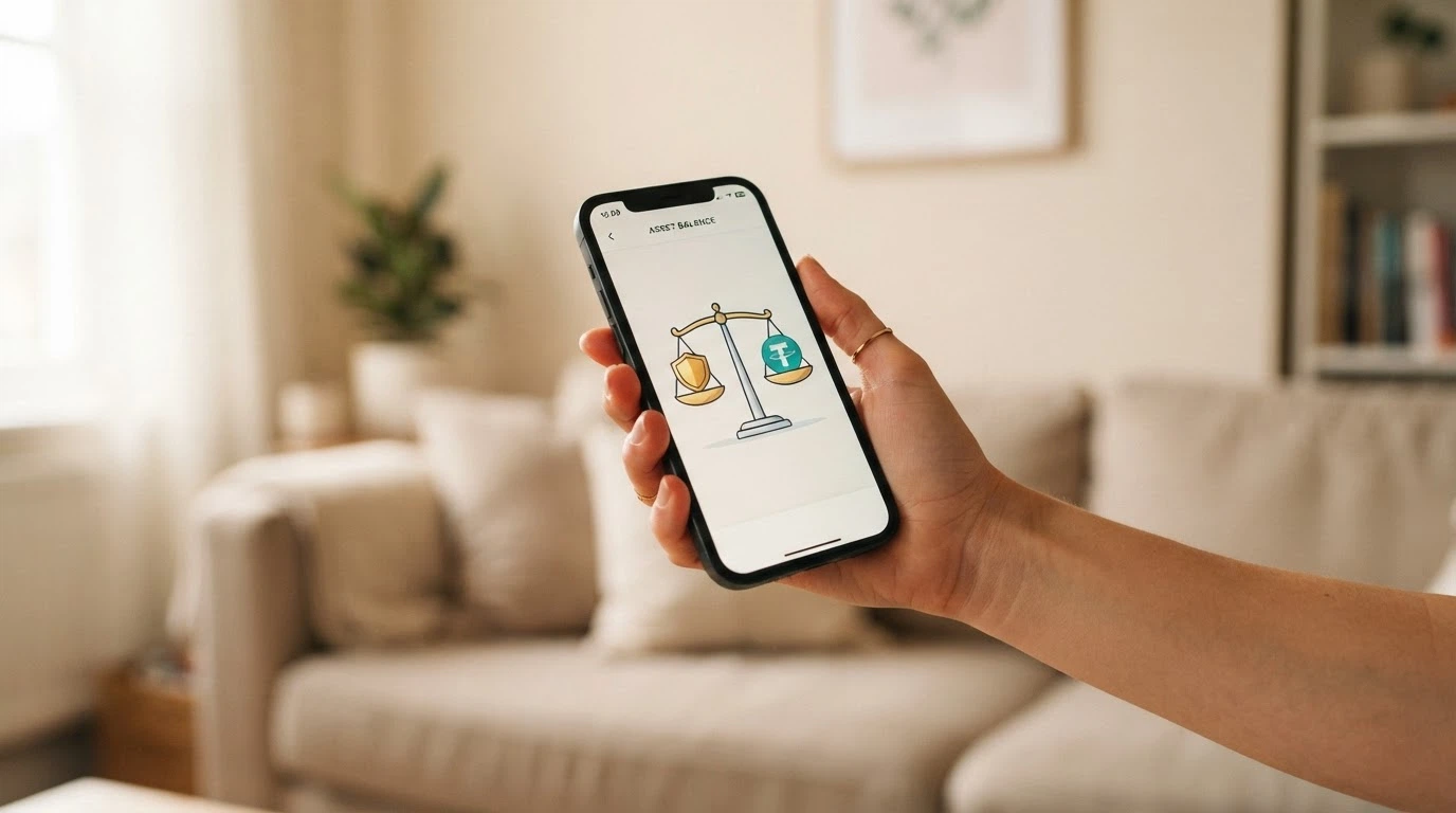 Una mano che regge uno smartphone con il simbolo USDT sullo schermo e una bilancia a due piatti sullo sfondo