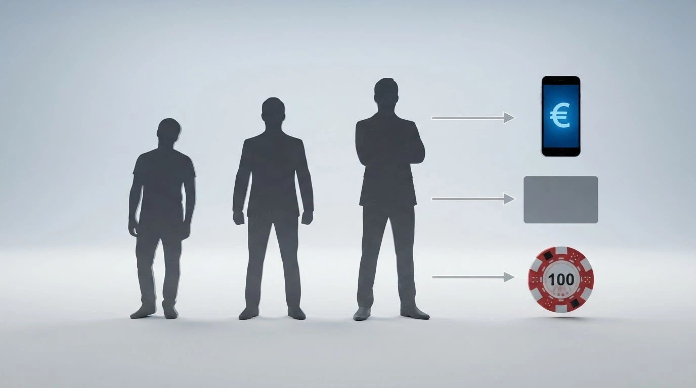 Tre silhouette di giocatori con profili diversi (occasionale, regolare, high roller) ciascuna collegata da una freccia all'icona del metodo di pagamento più adatto al proprio stile