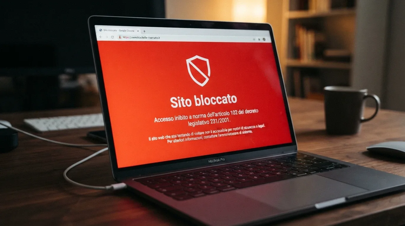 Lo schermo di un browser che mostra un avviso di blocco DNS su un dominio di gioco non autorizzato, con il logo ADM visibile nella notifica.