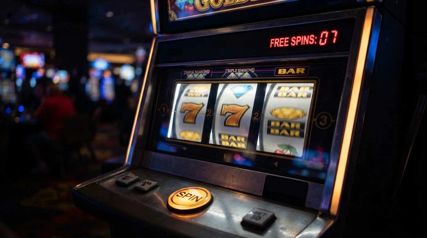Il primo piano di una slot machine con i rulli in movimento, simboli dorati e il contatore dei giri gratis attivo in alto a destra