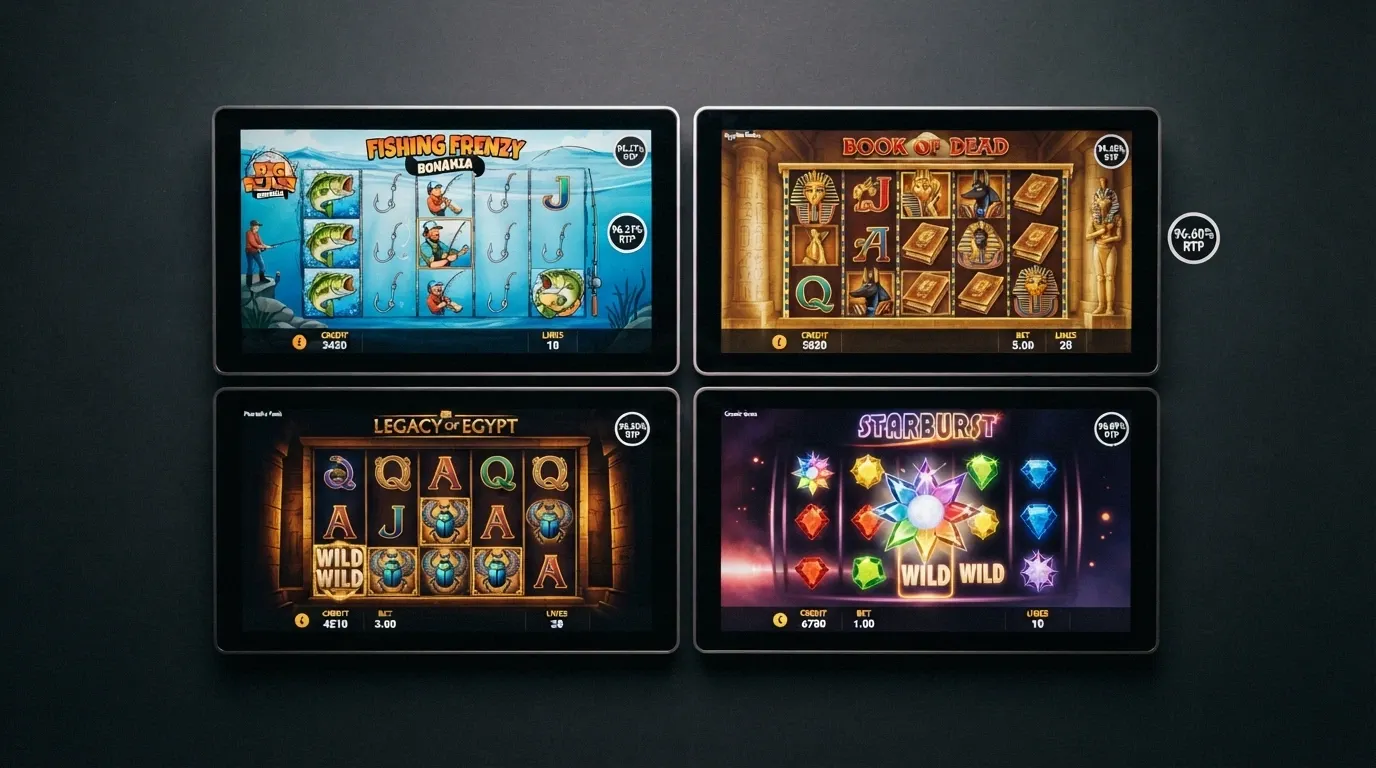 Una griglia di quattro slot machine online affiancate — Big Bass Bonanza, Book of Ra Deluxe, Legacy of Dead e Starburst — con i rispettivi loghi e un'icona del valore RTP accanto a ciascuna