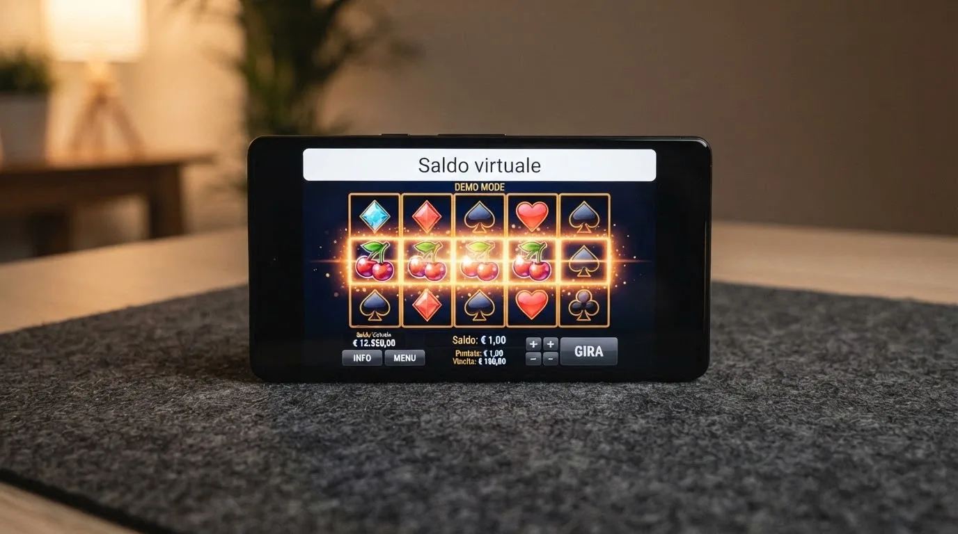 una slot machine in modalità demo con la dicitura Saldo virtuale visibile sullo schermo di uno smartphone