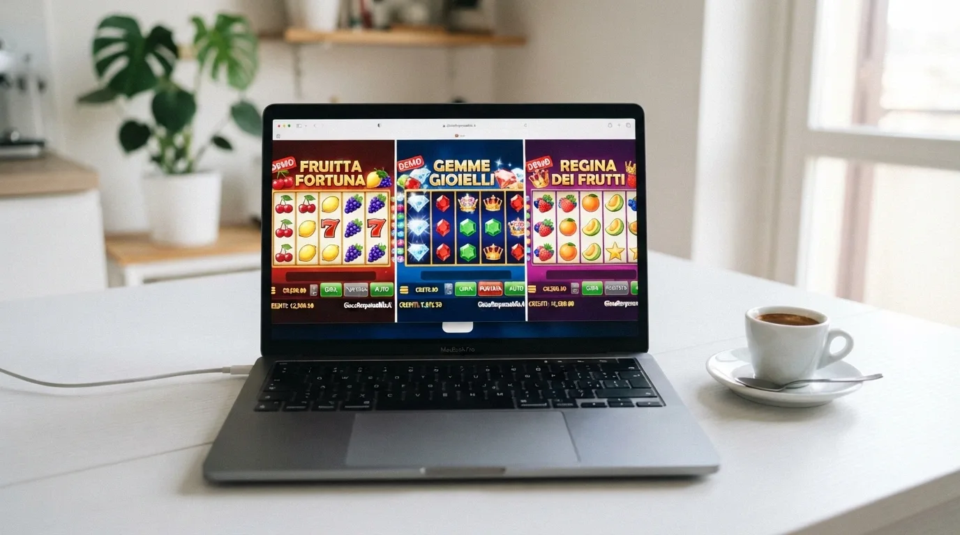 Tre slot machine colorate affiancate sullo schermo di un portatile appoggiato su un tavolo da cucina, ciascuna con un'icona «Demo» visibile nell'angolo e un contatore di crediti virtuali. Accanto al portatile, una tazzina di caffè.