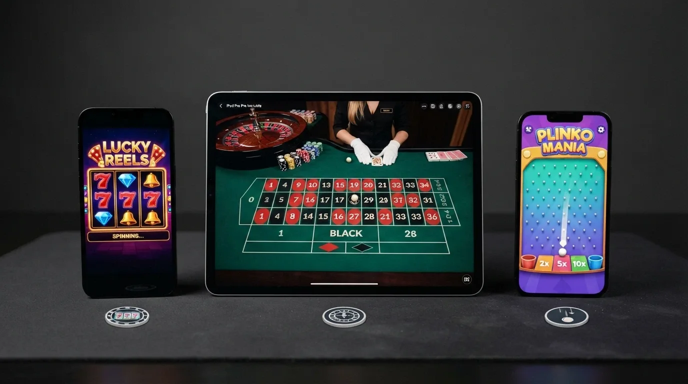 Tre schermi affiancati: una slot machine colorata, un tavolo da live casino con croupier, e un gioco Plinko, ciascuno con un'icona che ne indica la percentuale di contribuzione al rollover