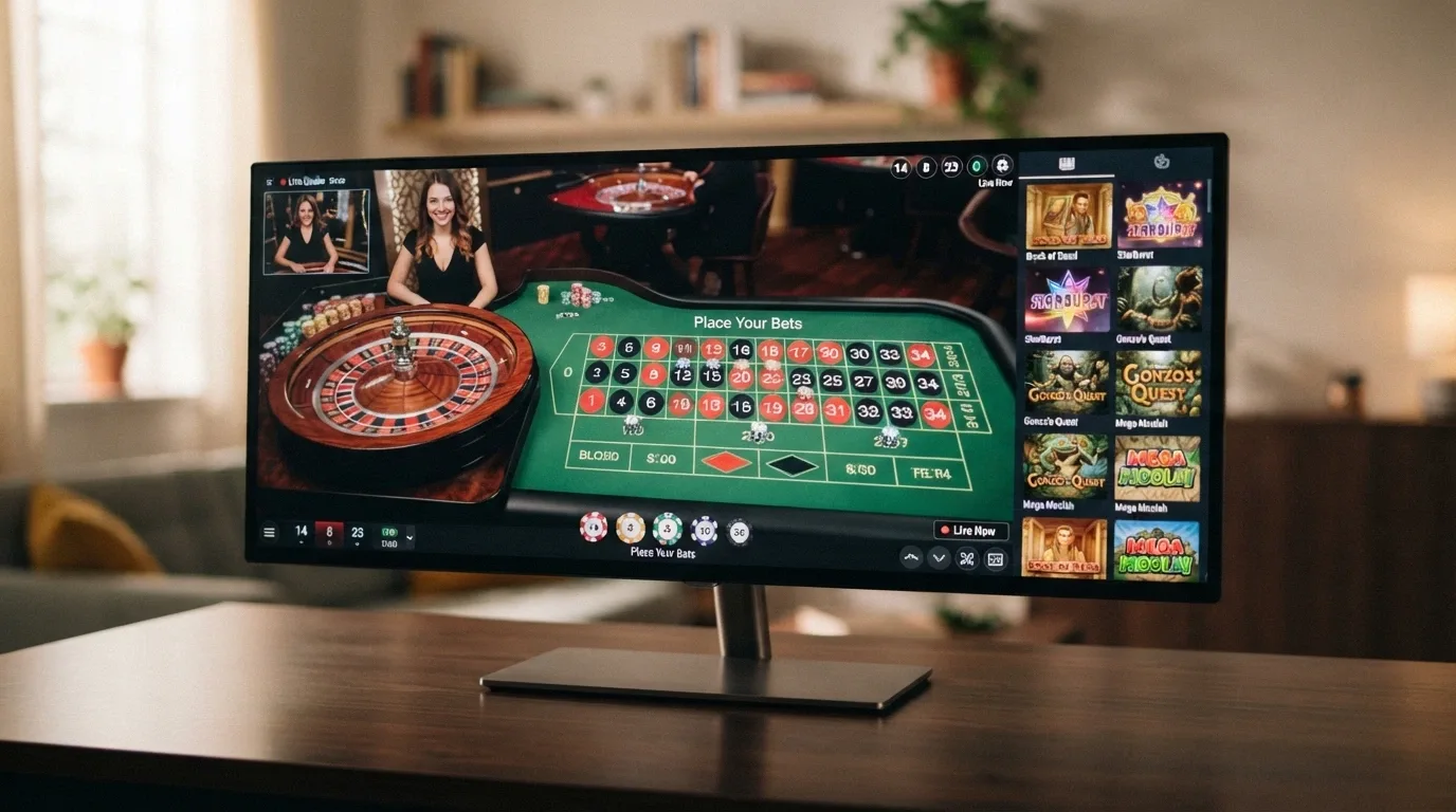 Tavolo da roulette con croupier dal vivo trasmesso in streaming su un monitor con interfaccia di puntata e una libreria di slot in miniatura sullo sfondo