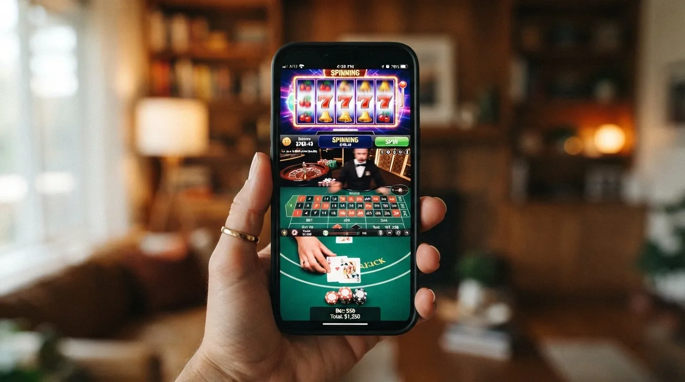 Uno schermo iPhone diviso in tre sezioni: una slot machine attiva, un tavolo live con croupier, e una mano di blackjack
