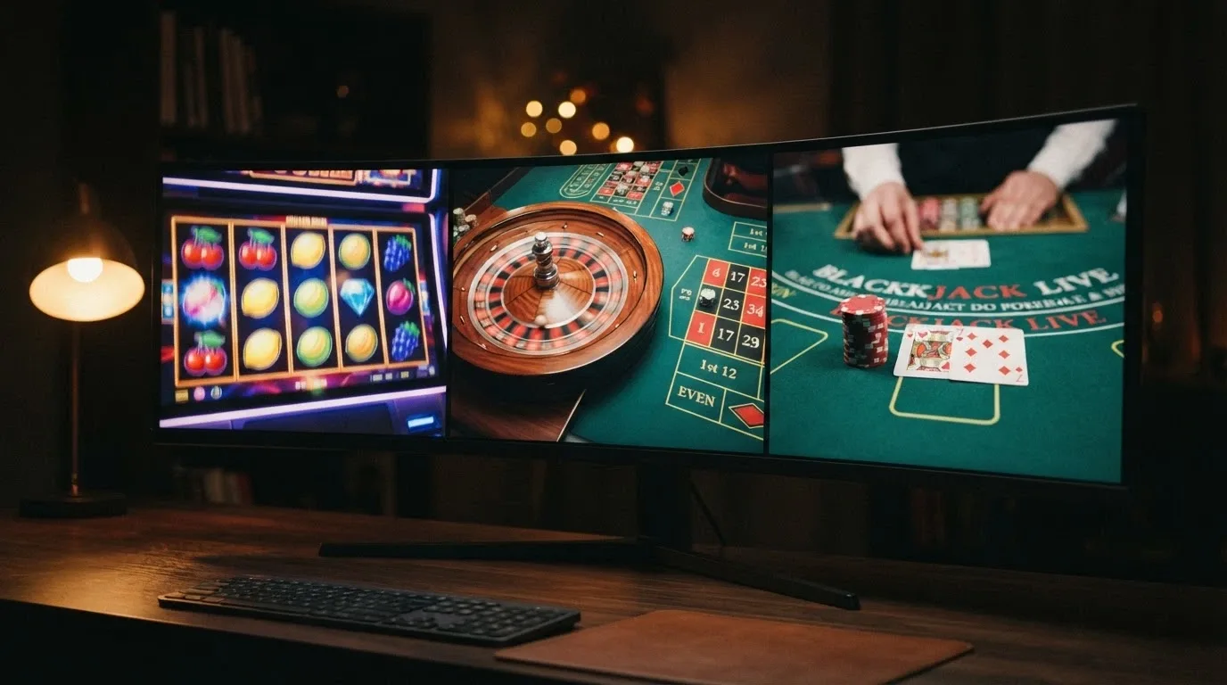 Una schermata divisa in tre: a sinistra i rulli di una slot con provider visibile (Pragmatic Play), al centro un tavolo di roulette live con croupier, a destra un tavolo di blackjack