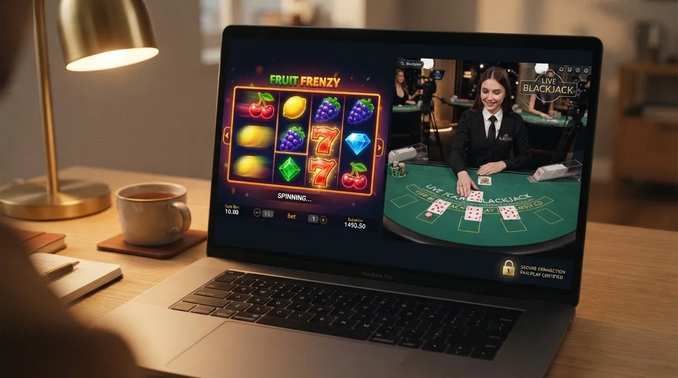 Schermata di una slot online con rulli in movimento, affiancata da un tavolo live con croupier e dall'icona di un lucchetto per i giochi provably fair
