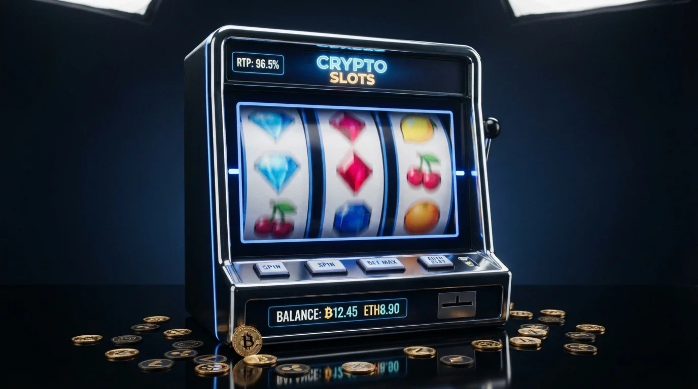 Una slot machine digitale a tema Bitcoin con i rulli in movimento e l'indicatore dell'RTP visibile nell'interfaccia, circondata da icone di criptovalute