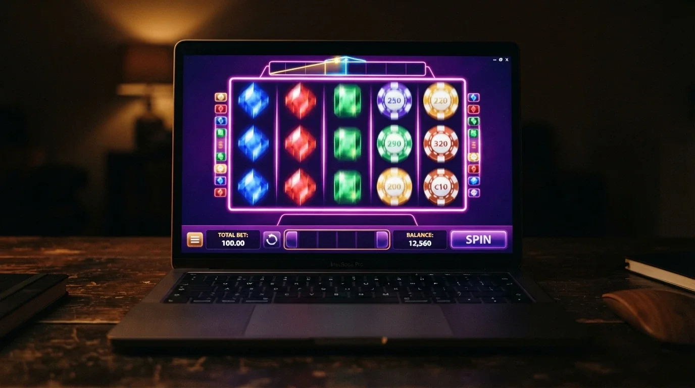 Il rullo di una slot machine digitale con simboli colorati e l'interfaccia di un casinò online visibile sullo schermo di un laptop