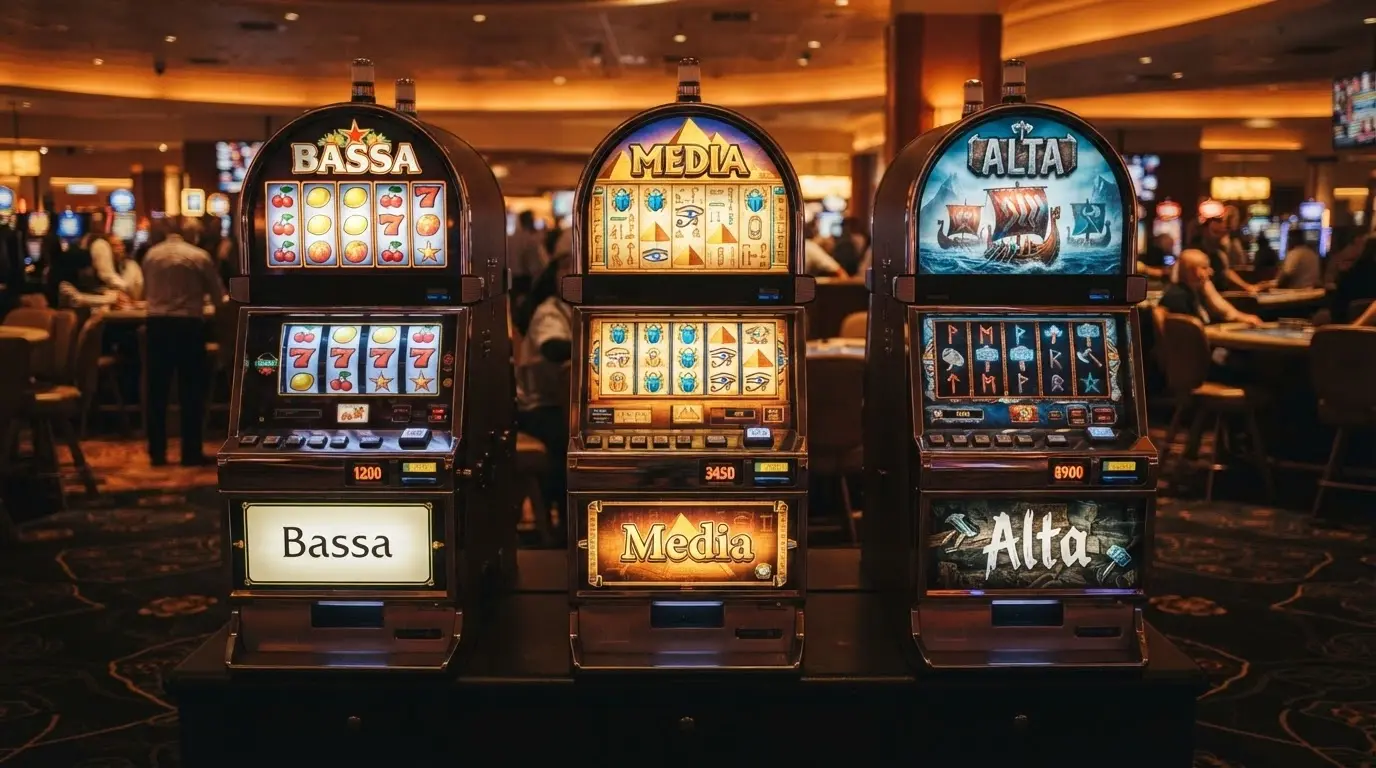Tre slot machine affiancate con stili grafici diversi (una classica a frutta, una egizia, una vichinga), ciascuna con un'etichetta di volatilità (bassa, media, alta) sotto