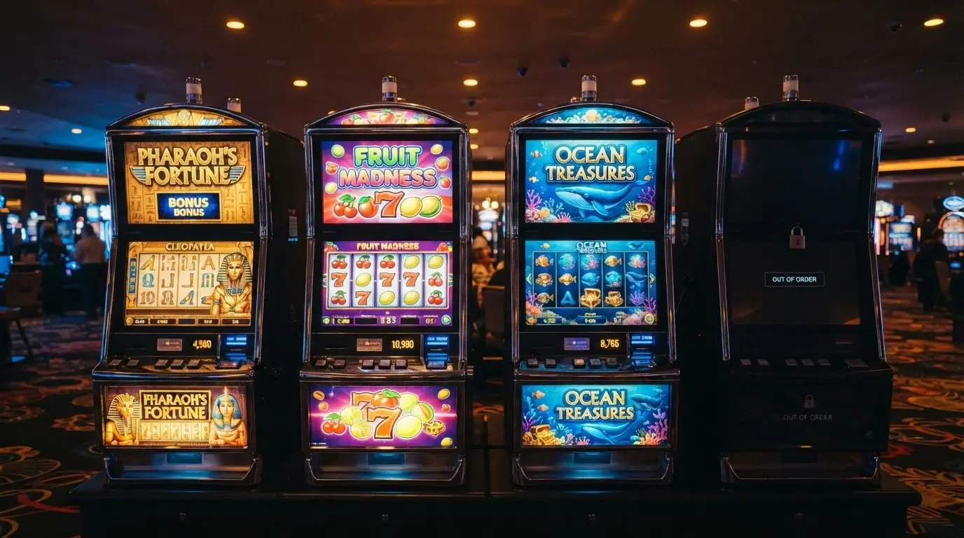 Tre slot machine affiancate con schermate diverse e il simbolo del lucchetto su una quarta slot oscurata