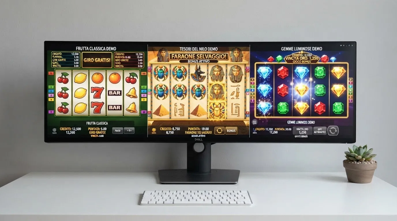 Tre diverse slot machine in modalità demo affiancate su un monitor: una classica a frutta, una a tema avventura egizia e una moderna con grafica 3D, tutte con il saldo in crediti virtuali