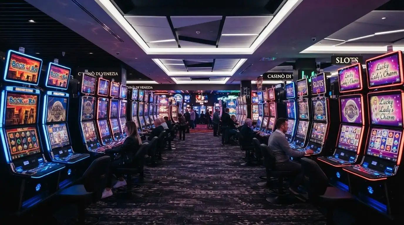 Una panoramica della sala slot con file di macchine luminose e schermi digitali